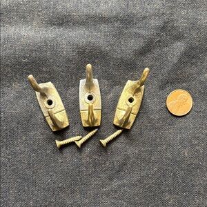 Set of 3 Vintage Brass Tone Metal Hooks with Three Screws - Small Hardware